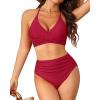 imageYonique Women Two Piece High Waisted Bikini Set Halter Swimsuit Twist Front Bathing Suit with Tummy Control BottomsRed