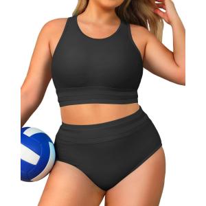 imageYonique Plus Size High Waisted Bikini Sets Two Piece Color Block Swimsuits High Neck Racerback Bikini Sporty Bathing SuitsBlack