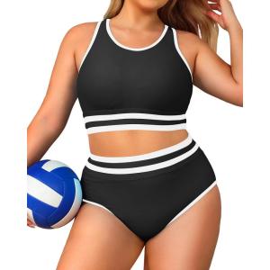 imageYonique Plus Size High Waisted Bikini Sets Two Piece Color Block Swimsuits High Neck Racerback Bikini Sporty Bathing SuitsBlack White