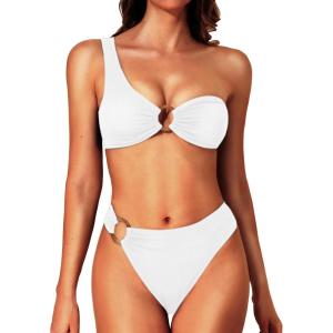 imageYonique Women One Shoulder Bikini Ribbed Swimsuit O Ring Bikini Two Piece Bathing Suit High Cut Cheeky Swimwear