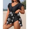 imageYonique Plus Size One Piece Swimsuit for Women Tummy Control Swimdress Ruffle Sleeve Bathing SuitBlack Flower