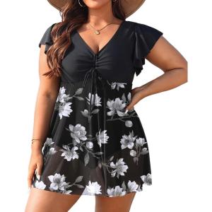 imageYonique Plus Size One Piece Swimsuit for Women Tummy Control Swimdress Ruffle Sleeve Bathing SuitBlack Flower