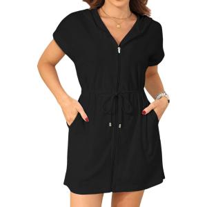 imageYonique Terry Cloth Cover Ups  Hooded Cotton Swim Sun Coverup with Zipper Pockets Beach SwimsuitsBlack