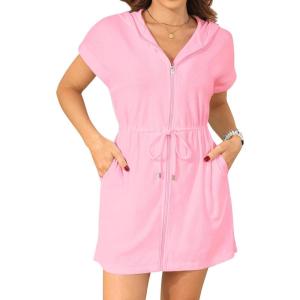 imageYonique Terry Cloth Cover Ups  Hooded Cotton Swim Sun Coverup with Zipper Pockets Beach SwimsuitsPink