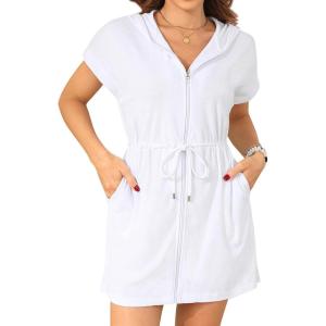 imageYonique Terry Cloth Cover Ups  Hooded Cotton Swim Sun Coverup with Zipper Pockets Beach SwimsuitsWhite