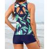 imageYonique 3 Piece Swimsuits for Women Athletic Tankini Teen Bathing Suit Tummy Control Modest Swimwear with Boy ShortsBlue Leaves