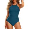 imageYonique Women One Piece Swimsuit High Neck Bathing Suit Tummy Control SwimwearPeacock Blue