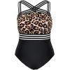imageYonique Women Plus Size One Piece Swimsuits Tummy Control Bathing Suit Front Crossover Swimwear Strapless MonokinisBlack Leopard