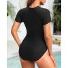 imageYonique Womens Rash Guard Short Sleeve Swimsuits One Piece Zipper Bathing Suit Surfing Swimwear UPF 50Black