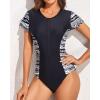 imageYonique Womens Rash Guard Short Sleeve Swimsuits One Piece Zipper Bathing Suit Surfing Swimwear UPF 50Black Geometric