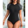 imageYonique Womens Rash Guard Short Sleeve Swimsuits One Piece Zipper Bathing Suit Surfing Swimwear UPF 50Black and Gray
