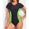 imageYonique Womens Rash Guard Short Sleeve Swimsuits One Piece Zipper Bathing Suit Surfing Swimwear UPF 50Black and Green