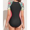 imageYonique Womens Rash Guard Short Sleeve Swimsuits One Piece Zipper Bathing Suit Surfing Swimwear UPF 50Black and Pink Floral