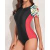 imageYonique Womens Rash Guard Short Sleeve Swimsuits One Piece Zipper Bathing Suit Surfing Swimwear UPF 50Black and Pink Floral