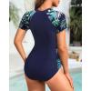 imageYonique Womens Rash Guard Short Sleeve Swimsuits One Piece Zipper Bathing Suit Surfing Swimwear UPF 50Dark Blue and Tropical Leaf Print