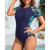imageYonique Womens Rash Guard Short Sleeve Swimsuits One Piece Zipper Bathing Suit Surfing Swimwear UPF 50Dark Blue and Tropical Leaf Print