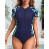imageYonique Womens Rash Guard Short Sleeve Swimsuits One Piece Zipper Bathing Suit Surfing Swimwear UPF 50Dark Blue and Tropical Leaf Print