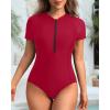 imageYonique Womens Rash Guard Short Sleeve Swimsuits One Piece Zipper Bathing Suit Surfing Swimwear UPF 50Red