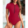imageYonique Womens Rash Guard Short Sleeve Swimsuits One Piece Zipper Bathing Suit Surfing Swimwear UPF 50Red