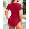 imageYonique Womens Rash Guard Short Sleeve Swimsuits One Piece Zipper Bathing Suit Surfing Swimwear UPF 50Red