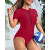 imageYonique Womens Rash Guard Short Sleeve Swimsuits One Piece Zipper Bathing Suit Surfing Swimwear UPF 50Red