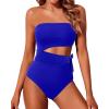 imageYonique Women One Piece Strapless Swimsuit Bandeau Bathing Suit Cutout Side Tie Swimwear Bright Blue XL