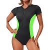 imageYonique Womens Rash Guard Short Sleeve Swimsuits One Piece Zipper Bathing Suit Surfing Swimwear UPF 50Black and Green
