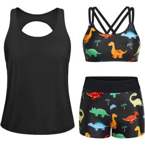 imageYonique 3 Piece Swimsuits for Women Athletic Tankini Teen Bathing Suit Tummy Control Modest Swimwear with Boy ShortsBlack  Dinosaur
