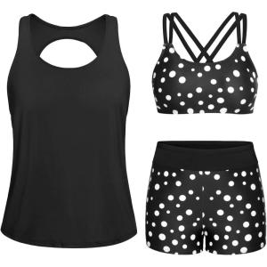 imageYonique 3 Piece Swimsuits for Women Athletic Tankini Teen Bathing Suit Tummy Control Modest Swimwear with Boy ShortsBlack and White Dot