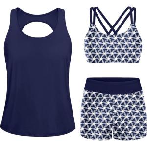 imageYonique 3 Piece Swimsuits for Women Athletic Tankini Teen Bathing Suit Tummy Control Modest Swimwear with Boy ShortsBlue