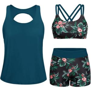 imageYonique 3 Piece Swimsuits for Women Athletic Tankini Teen Bathing Suit Tummy Control Modest Swimwear with Boy ShortsGreen and Flower