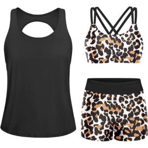 imageYonique 3 Piece Swimsuits for Women Athletic Tankini Teen Bathing Suit Tummy Control Modest Swimwear with Boy ShortsLeopard