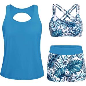 imageYonique 3 Piece Swimsuits for Women Athletic Tankini Teen Bathing Suit Tummy Control Modest Swimwear with Boy ShortsLight Blue
