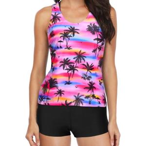 imageYonique 3 Piece Swimsuits for Women Athletic Tankini Teen Bathing Suit Tummy Control Modest Swimwear with Boy ShortsTtropic Pink