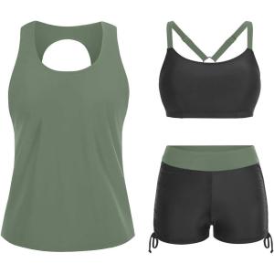 imageYonique 3 Piece Womens Tankini Swimsuits with Shorts Athletic Bathing Suits Tank Tops with Bra and BoyshortsArmy Green