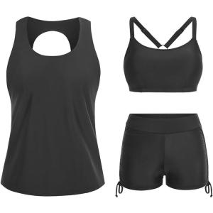 imageYonique 3 Piece Womens Tankini Swimsuits with Shorts Athletic Bathing Suits Tank Tops with Bra and BoyshortsBlack
