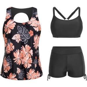 imageYonique 3 Piece Womens Tankini Swimsuits with Shorts Athletic Bathing Suits Tank Tops with Bra and BoyshortsBlack Floral