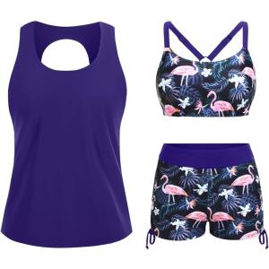imageYonique 3 Piece Womens Tankini Swimsuits with Shorts Athletic Bathing Suits Tank Tops with Bra and BoyshortsBlue