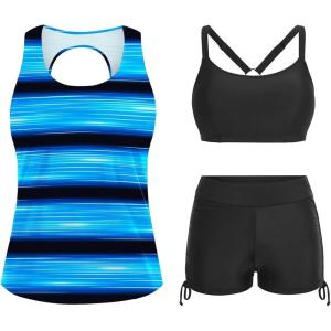 imageYonique 3 Piece Womens Tankini Swimsuits with Shorts Athletic Bathing Suits Tank Tops with Bra and BoyshortsBlue Color Block