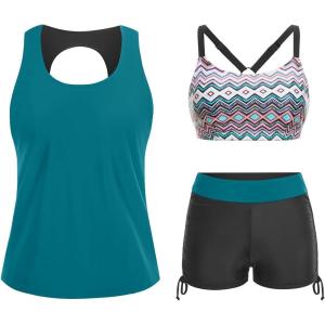 imageYonique 3 Piece Womens Tankini Swimsuits with Shorts Athletic Bathing Suits Tank Tops with Bra and BoyshortsBlue Green Geometric