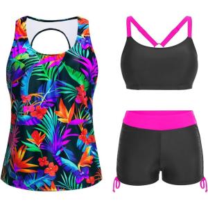 imageYonique 3 Piece Womens Tankini Swimsuits with Shorts Athletic Bathing Suits Tank Tops with Bra and BoyshortsColorful Leaves