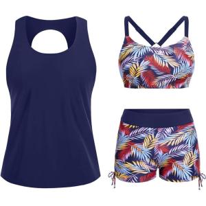 imageYonique 3 Piece Womens Tankini Swimsuits with Shorts Athletic Bathing Suits Tank Tops with Bra and BoyshortsNavy Colored Leaves