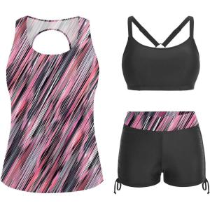 imageYonique 3 Piece Womens Tankini Swimsuits with Shorts Athletic Bathing Suits Tank Tops with Bra and BoyshortsPink Striped