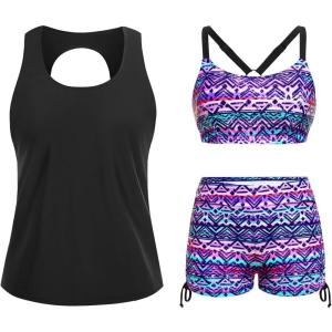 imageYonique 3 Piece Womens Tankini Swimsuits with Shorts Athletic Bathing Suits Tank Tops with Bra and BoyshortsPurple