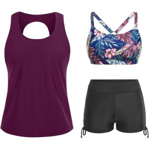 imageYonique 3 Piece Womens Tankini Swimsuits with Shorts Athletic Bathing Suits Tank Tops with Bra and BoyshortsPurple Floral