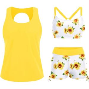 imageYonique 3 Piece Womens Tankini Swimsuits with Shorts Athletic Bathing Suits Tank Tops with Bra and BoyshortsYellow Sunflower