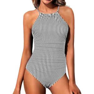 imageYonique Women One Piece Swimsuit High Neck Bathing Suit Tummy Control SwimwearStripe