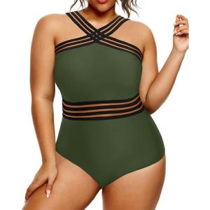 imageYonique Women Plus Size One Piece Swimsuits Tummy Control Bathing Suit Front Crossover Swimwear Strapless MonokinisArmy Green