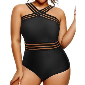 imageYonique Women Plus Size One Piece Swimsuits Tummy Control Bathing Suit Front Crossover Swimwear Strapless MonokinisBlack