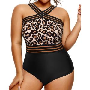 imageYonique Women Plus Size One Piece Swimsuits Tummy Control Bathing Suit Front Crossover Swimwear Strapless MonokinisBlack Leopard